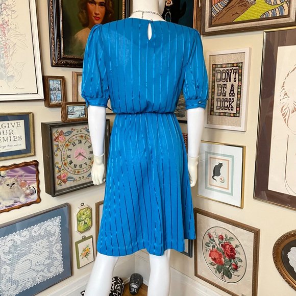 80s Vintage Oops California Blue Striped Knit Short Sleeve Bateau Neck Dress M - Picture 4 of 5